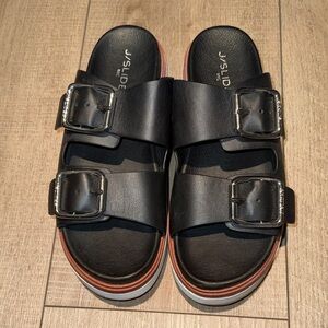 J/SLIDE Bowie Black Double Buckle Platform Slide Sandals